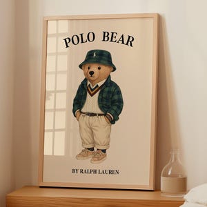 Stampa da parete con orso Polo, poster con orso, poster di moda, poster di riviste di moda vintage, stampa di orso Polo USA, download digitale di moda americana