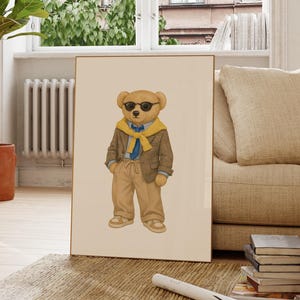 Luxury Bear Poster, Fashion Magazine Poster, Vintage Fashion Magazine Poster, Printable Bear Wall Art Teddy Fashion Art Beige Bear Print