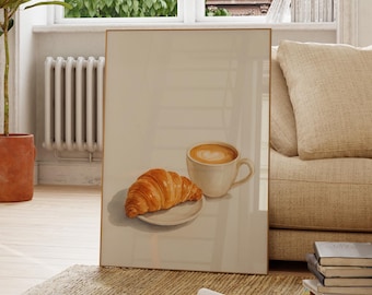 Póster de cruasán y café, arte mural minimalista, impresión de cocina neutra, póster de desayuno, arte mural de cruasán, póster físico con impresión de cruasán
