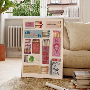 Vintage Matchbox Poster, Trendy Matches Poster, Retro Matchbook Wall Art, Funky Pink Aesthetic Print, Pink Matchbox Print, Physical Wall Art