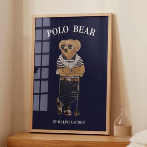 Pôster de golfe de urso, pôster de revista de moda, pôster de revista de moda vintage, arte de parede de polo para impressão, arte de moda de luxo, pôster de urso de golfe