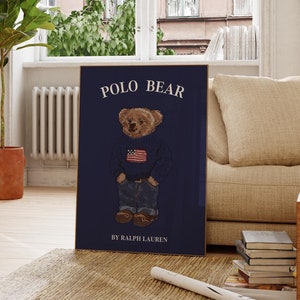 Póster de oso polo, póster de revista de moda, póster vintage de revista de moda, arte mural imprimible de Polo Ralph Lauren, arte de moda de lujo, oso azul