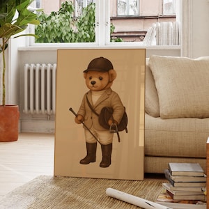 Equestrian Bear Poster, Fashion Magazine Print, Vintage Fashion Horse Rider Wall Art, Jockey Polo Game Print Nursery Digital Download Poster