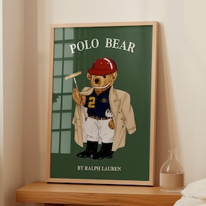 Póster de oso de polo, póster de oso de polo verde con estampado de Ralph Lauren, arte mural de oso de polo, impresión de moda de lujo de oso de polo.