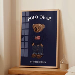 Póster físico de oso polo, póster de revista de moda, póster de revista de moda vintage, impresión de moda de lujo de Ralph, impresión de oso polo azul