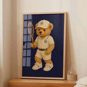 Tennis Bear Poster, Vintage Sports Wall Art for Kids, Retro Teddy Bear Print Animal Illustration, Nursery Room Decor, Physical Blue Print