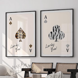 Set di 2 stampe da parete con carte da gioco, leopardo e zebra, stampa zebrata "Lucky You Wall Art", file di download digitale, stampa trendy anni '70 con carrello da bar.