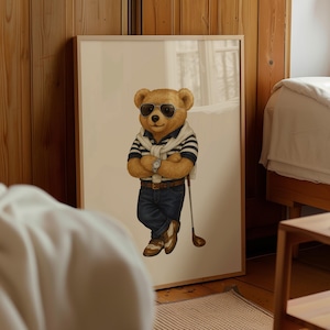 Golf Bear Digital Poster, Preppy Teddy Wall Art, Stylish Animal Illustration, Vintage Sports Bear Print, Downloadable Nursery Room Decor
