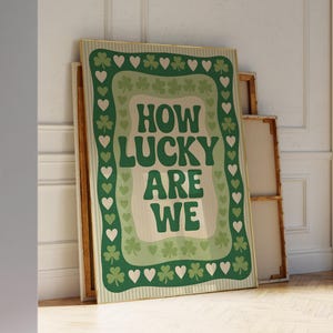 How Lucky Are We Print, Green Stripe Quote Wall Art, Aesthetic Living Room Poster, Red Preppy Home Decor Green Wall Art, Digital Download