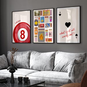 Vintage Matchbox Print Trendy Ace of Hearts Print Set Of 3 Lucky You Poster Retro Matchbook Art Vintage Pool Ball Funky Red Aesthetic Print