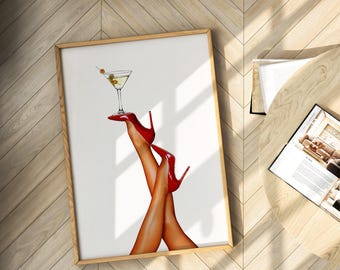 Red Heels Martini Art Print Trendy Aesthetic Poster Physical Wall Art Martini Glass Illustration High Heels Decor Fashion Girl Room Decor