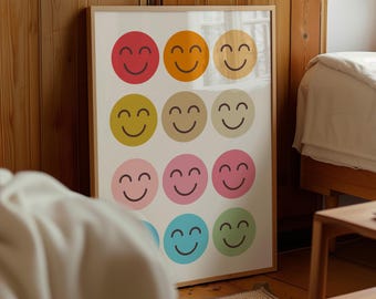 Conjunto de impresiones de caras sonrientes coloridas, arte pop retro (descarga digital)