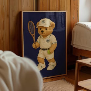 Poster con orsetto tennista, stampa da parete vintage con sport per bambini, stampa retrò con orsetto, illustrazione di animali, decorazione per la cameretta dei bambini, stampa di modelli fisici