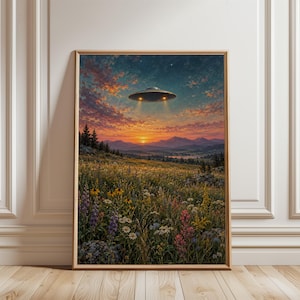 Op de afbeelding: Een ingelijste kunstdruk met een zonsonderganglandschap met een veld vol wilde bloemen op de voorgrond, verre bergen en een metalen schijfvormig vliegend object dat in de lucht zweeft en twee lichtstralen naar de horizon uitstraalt.