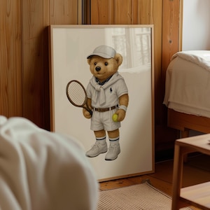 Tennis Bear Poster, Fashion Magazine Poster, Sport Teddy Poster, Tennis Teddy Fashion Art, Nursery Tennis Poster, USA Sport Wall Art Digital