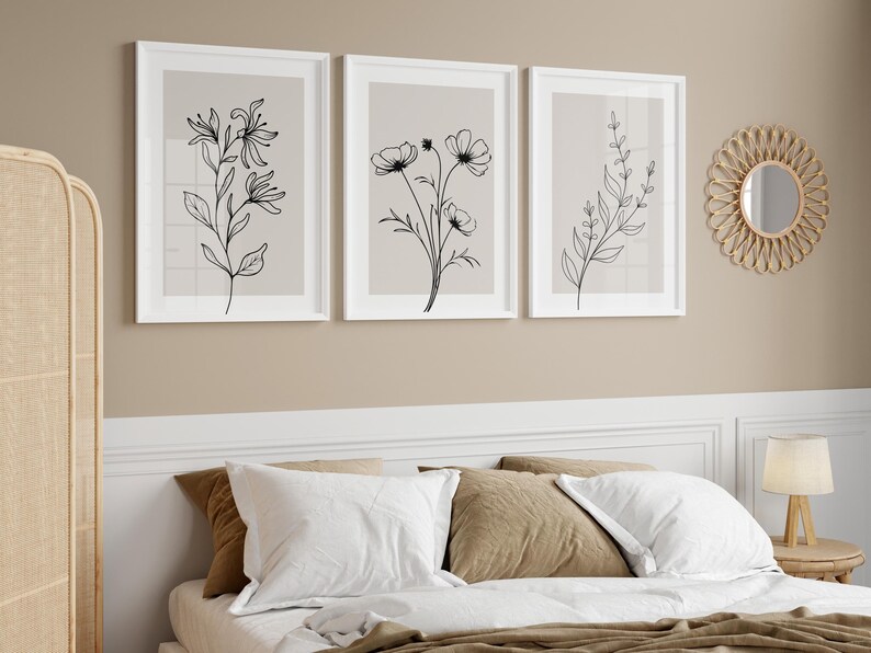 Minimalist Botanical Line Art Print Set Black White Flower Wall Decor ...