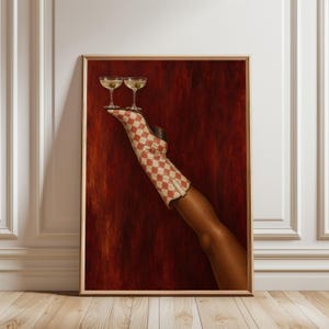 Surreal Cocktail Fashion Poster, Checkerboard Boot Wall Art, Bold Red Decor, Glam Editorial Print, Modern Living Room Statement