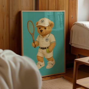Poster con orsetto tennista, stampa da parete vintage con sport per bambini, stampa retrò con orsetto, illustrazione di animali, decorazione per la cameretta dei bambini, stampa artistica fisica