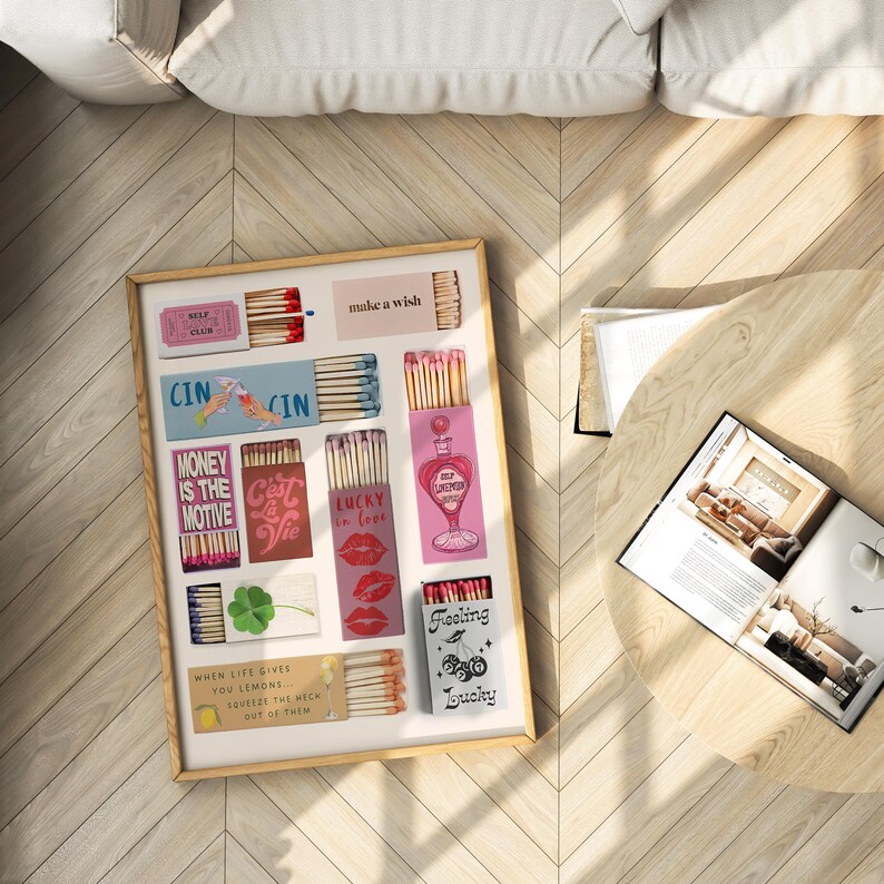 Vintage Matchbox Poster, Trendy Matches Poster, Retro Matchbook Wall Art, Funky Pink Aesthetic Print, Pink Matchbox Print, Physical Wall Art