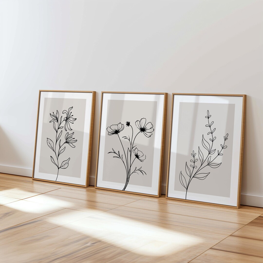 Minimalist Botanical Line Art Print Set Black White Flower Wall Decor ...