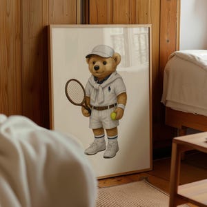 Tennis Bear Wall Art, Retro Sports Poster with Cute Teddy Illustration, Classic Tennis Outfit Print for Nursery Room Stylish Physical Poster