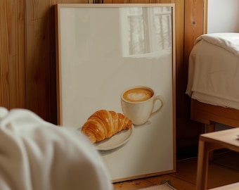 Impresión minimalista de cocina con croissant y café (descarga digital)