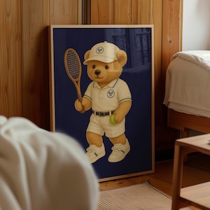 Tennis Bear Poster, Retro Sports Wall Art, Cute Teddy Bear Print, Animal Illustration, Nursery Room Decor, Blue Art, Digital Download