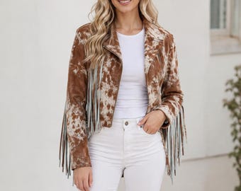 Women's Cowhide Fringe Jacket – Handmade Hair-On-Hide Leather Western Boho Coat Women’s Rodeo  Jacket
