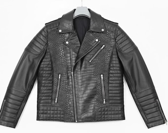 Men's Black Leather Crocodile Embossed Biker Jacket, Real Leather Motorcycle Coat