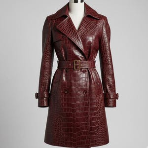 Op de afbeelding: Een bordeauxrode trenchcoat met een krokodillenstructuur. De jas heeft een reverskraag, een dubbele rij knopen en een bijpassende riem met een rechthoekige gesp. De mouwen hebben verstelbare manchetten. De jas wordt op een mannequin gepresenteerd.