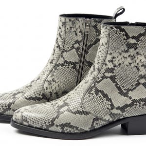 May include: A pair of ankle boots featuring a grey and black snakeskin pattern. The boots have a pointed toe, a side zipper closure with a silver-toned metal pull, a black sole, and a low block heel with a pull tab at the back of the collar.