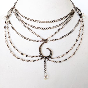 Copper Crescent Crystal Necklace, Copper Choker, Copper and Crystal Choker, Iridescent Crystal Choker, Wedding Necklace, Bridal Choker