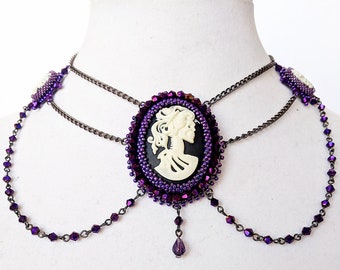 Victorian Goth Cameo Necklace, Iridescent Purple Crystal Choker, Victorian Cameo Choker, Metallic Purple Beaded Cameo Necklace