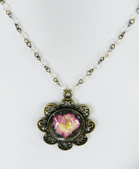 Necklace Brass Cameo Pendant With Pressed Pink Wild Flower and - Etsy
