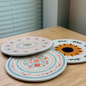 Floral Trivets - Vintage Inspired Hot Pads - Sunflower & Cottage Floral Design - Farmhouse Kitchen Decor - Cotton Rope Trivets