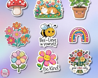 Kawaii Flower Stickers | Positive Quote PNG Clipart (Digital Download)