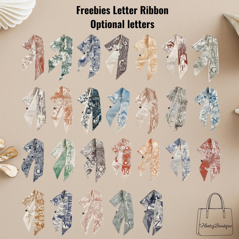 Puede incluir: Colecci&oacute;n de cintas con letras en varios colores y patrones, incluyendo dise&ntilde;os florales y geom&eacute;tricos. Cada cinta presenta una letra diferente. La imagen incluye el texto "Freebies Letter Ribbon Optional letters."