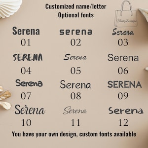 Pu&ograve; includere: Su uno sfondo beige sono presentati vari stili di carattere del nome "Serena" con i numeri 01-12. Il testo in alto recita "Nome/lettera personalizzato, caratteri opzionali". Un logo "Hootsy Boutique" si trova in alto a destra. Il testo in basso dice "Hai il tuo design, caratteri personalizzati disponibili."