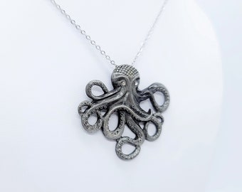 Antique Silver Metal Octopus Pendant Necklace - 18" Stainless Steel Silver Hypoallergenic Chain - Lobster Claw Closure - Alloy Pendant