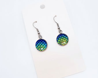 Handcrafted Blue Green Iridescent Mermaid Scale Earrings / Dragon Scale Earrings / Made with Hypoallergenic Stainless Steel Ear Wire Hooks