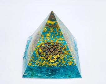 Eco-Friendly 4" Epoxy Resin Orgonite Pyramid - Teal Sea Glass, Gold Fleck, Mandala Pattern