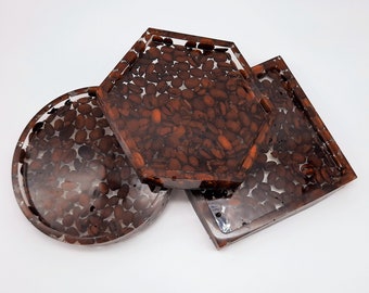 Eco-Friendly Resin Casted Coasters (Set of 4), Made w/ Real Coffee Beans, Hexagon, Square, or Round, Handmade & Great for Coffee Lovers