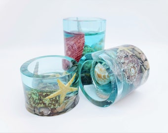 Beach Themed Round Candle Holder Made with Eco-Friendly Epoxy Resin & Seashells - Includes Choice of Real UNSCENTED Tealight or LED Tealight