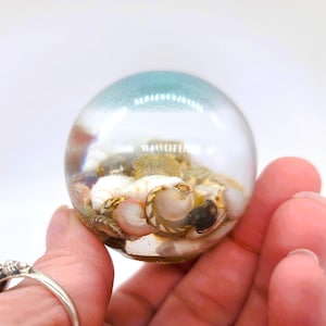 May include: A clear glass sphere with a light blue top filled with small seashells. The sphere is being held in a hand.