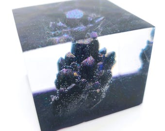 Eco-Friendly 3" Epoxy Resin Purple Cube with Crystal Quartz Cluster Inside