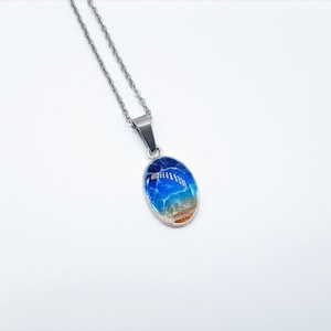 Resin Waves Small Oval Shaped Ocean Pendant / Beach Scene Necklace, Handmade Made with Resin & Real Sand - One of a Kind - Not a Photograph!