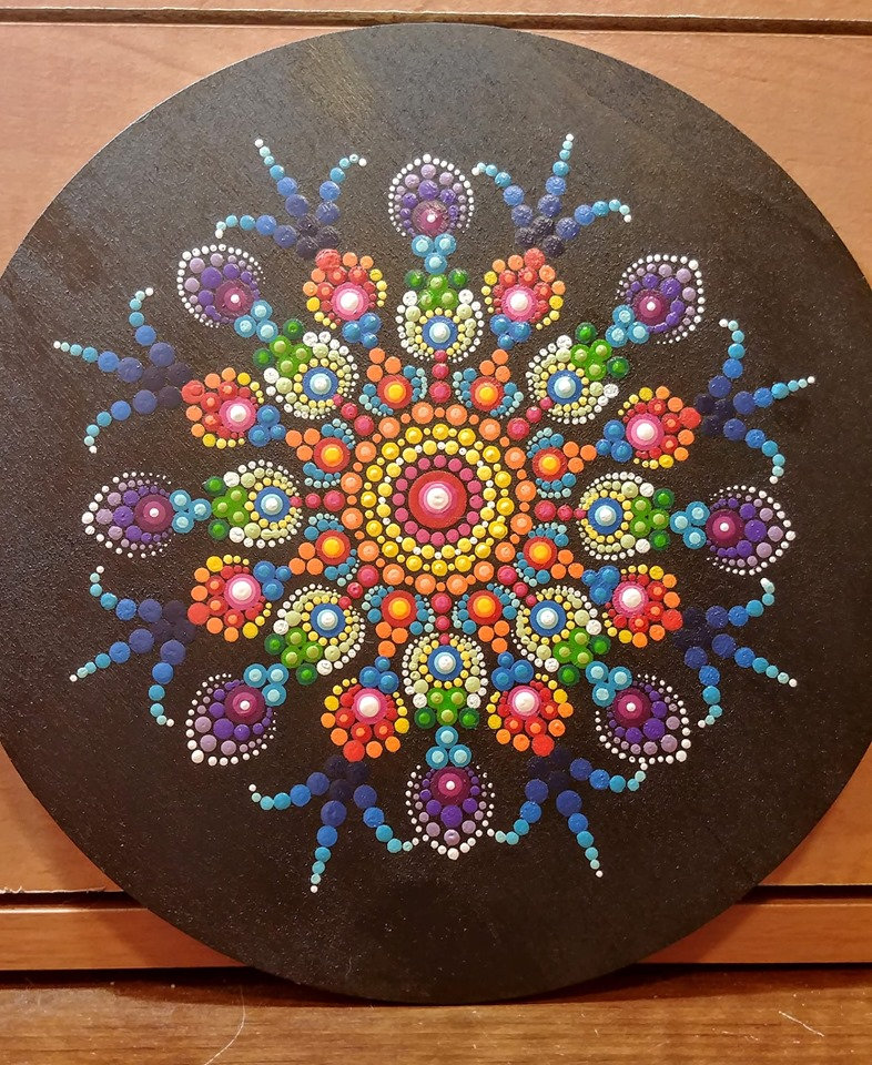 Original Dot Mandala Painting on Round Canvas. Ocean Shimmer Dot Art,  Meditation Wall Art. Zen, Boho Painting, Geometric Artwork. 