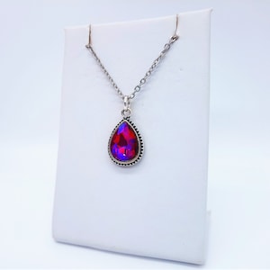 Handmade / Handcrafted Antiqued Silver Ruby Red Rhinestone Teardrop Pendant Necklace, 18" Stainless Steel Chain, Hypoallergenic