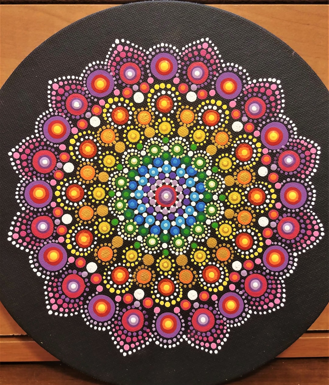 Handpainted Rainbow Dot Mandala Painting Wall Art Sealed W Resin Pointillism Geometric Trippy Zen Meditation Relax Etsy