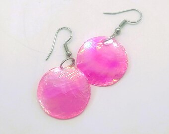Round / Circle Iridescent Pink Capiz Seashell Earrings / Made with Hypoallergenic Silver Stainless Steel Ear Wire Hooks
